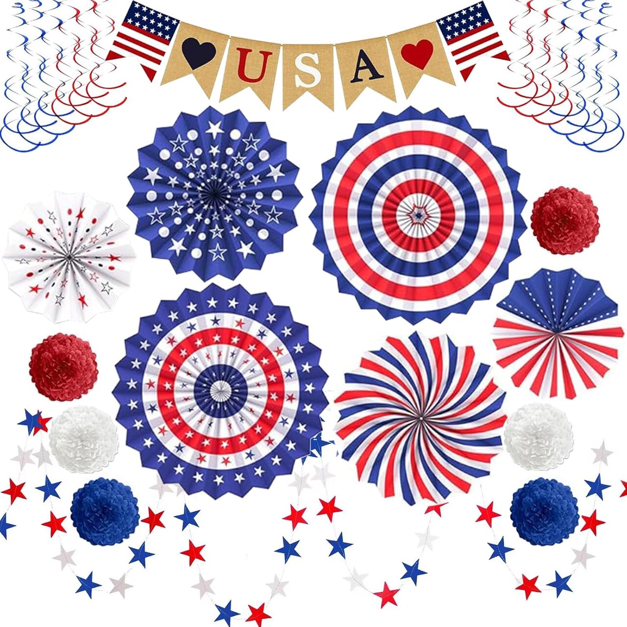 4th of July Decorations Patriotic Decor Love USA Banner Red White Blue Paper Fans Independence Day Star Streamer, Pom Poms, Hanging Swirls Party Decor Supplies